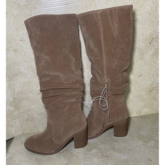 Womens Tan Faux Suede Knee-High Slouch Boots Block Heel Side Zip Boho Western - Picture 5 of 7
